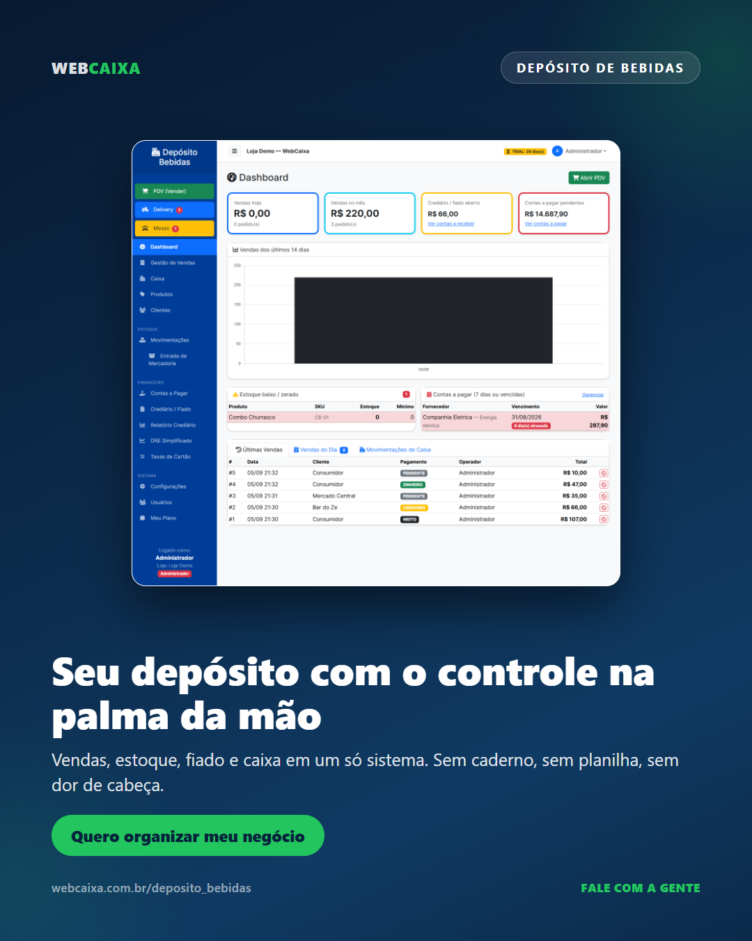 Dashboard do WebCaixa Depósito de Bebidas