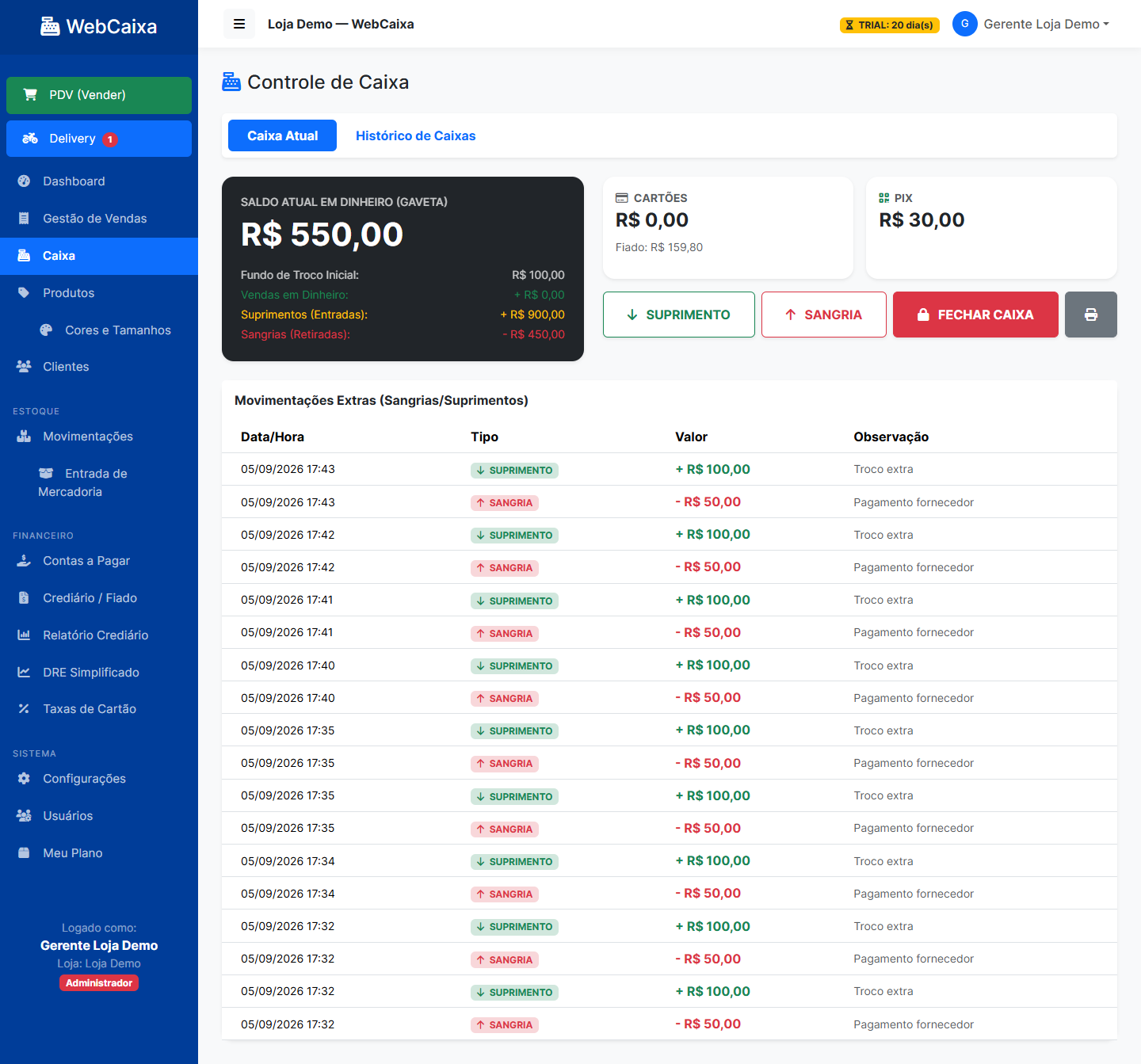 Controle de caixa